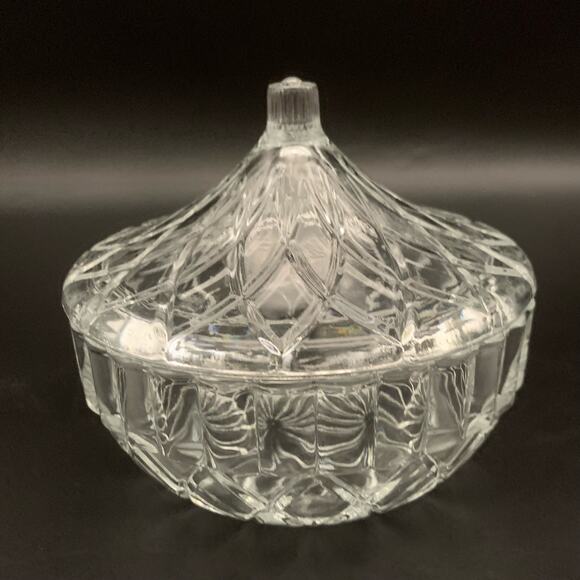 Vintage KIG Indonesia Glass Candy Dish Bowl With Lid Diamond Cut Round Pressed - Picture 5 of 10